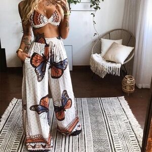 Butterfly Print Wide-Leg Pants